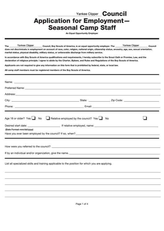Fillable Employment Application - Summer Camp Staff - Boy Scouts Of America Printable pdf