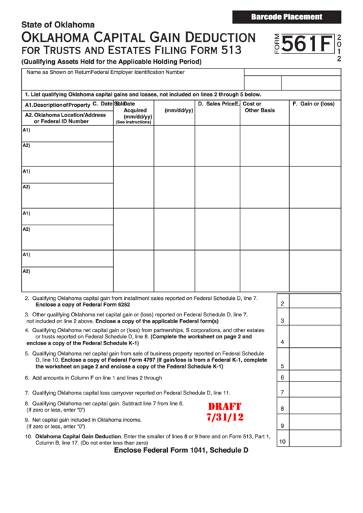 Form 561f Draft - Oklahoma Capital Gain Deduction For Trusts And Estates - 2012 Printable pdf