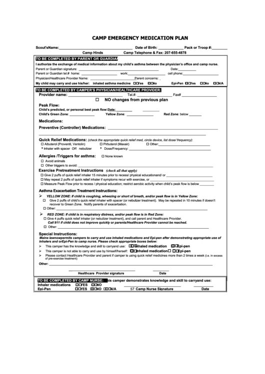 Camp Emergency Medical Plan Printable pdf