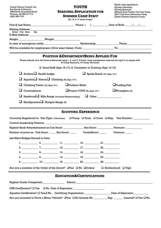 Fillable Youth - Seasonal Application For Summer Camp Staff - Boy Scouts Of America Printable pdf