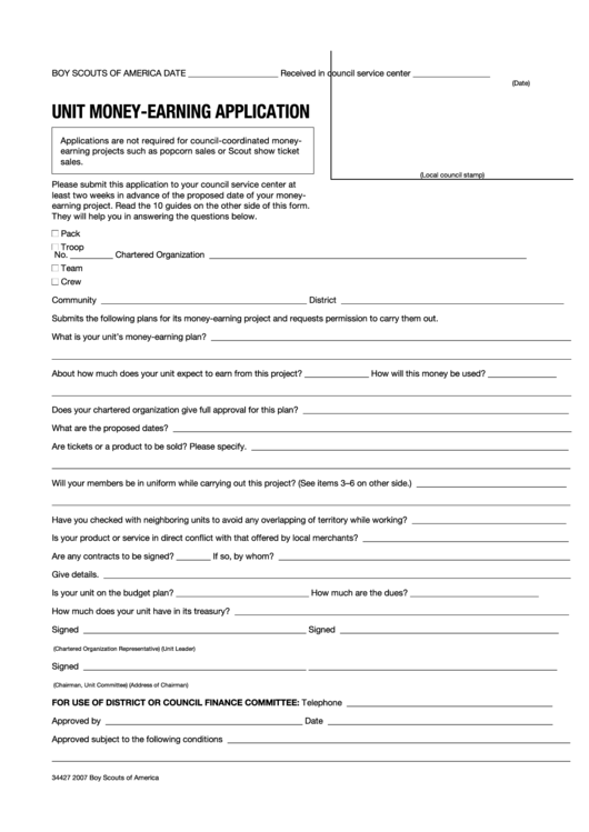 Unit Money-Earning Application - Boy Scouts Of America Printable pdf