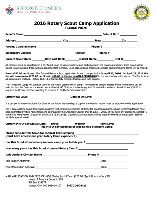 Rotary Scout Camp Application Boy Scouts Of America 2016 printable