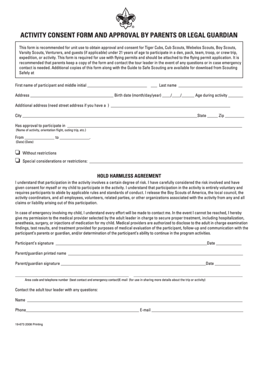 Fillable Activity Consent Form And Approval By Parents Or Legal Guardian Printable pdf