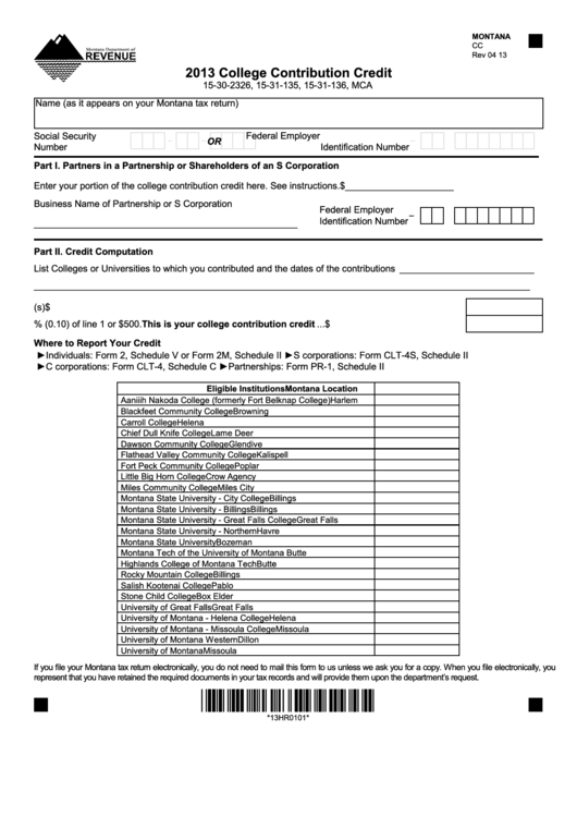 Montana Form Cc - College Contribution Credit - 2013 Printable pdf