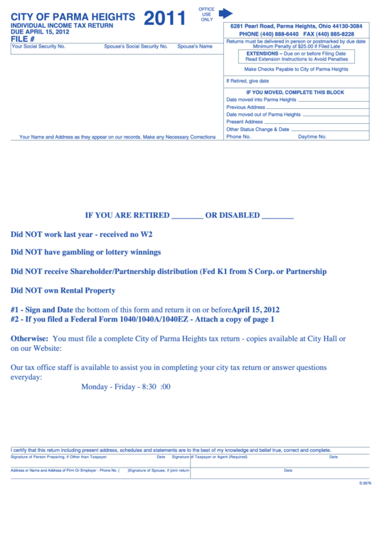 Individual Income Tax Return - City Of Parma Heights - 2011 Printable pdf