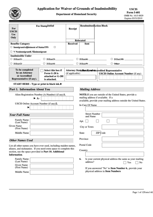 Fillable Form I 601 Application For Waiver Of Grounds Of Inadmissibility U s Citizenship