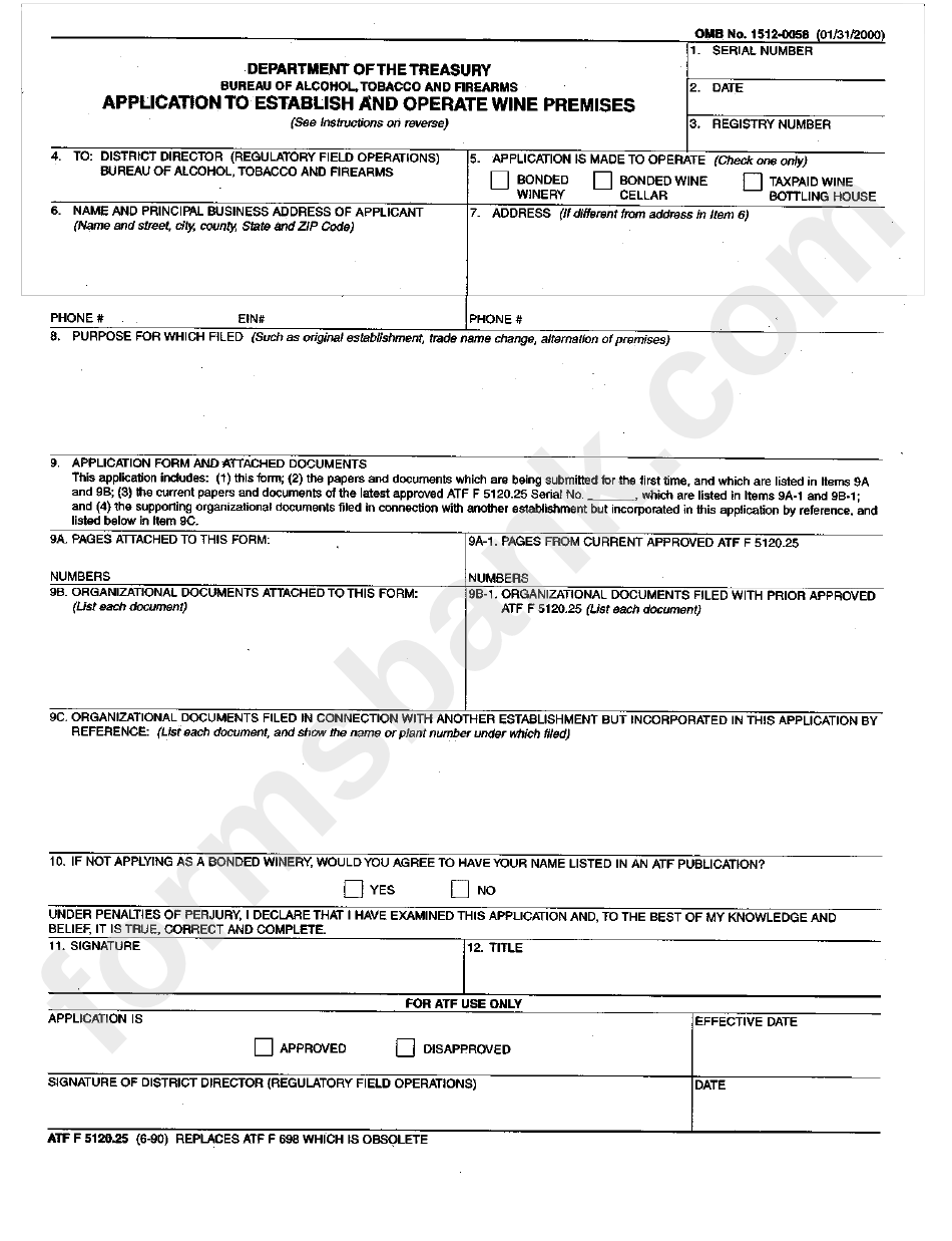 Form Atf F 5120.25 - Aoolication To Establish And Operate Wine Premises