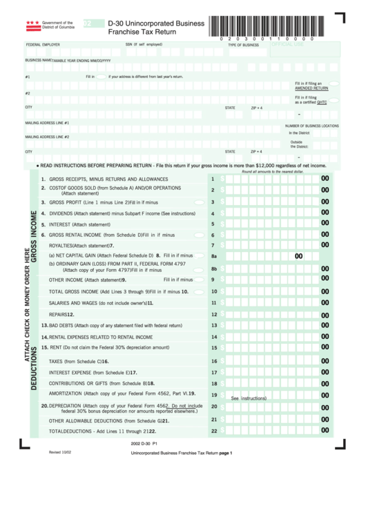 Form D-30 - Unincorporated Business Franchise Tax Return - 2002 Printable pdf