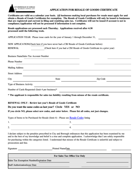 Application For Resale Of Goods Certificate - City / Borough Of Juneau Printable pdf