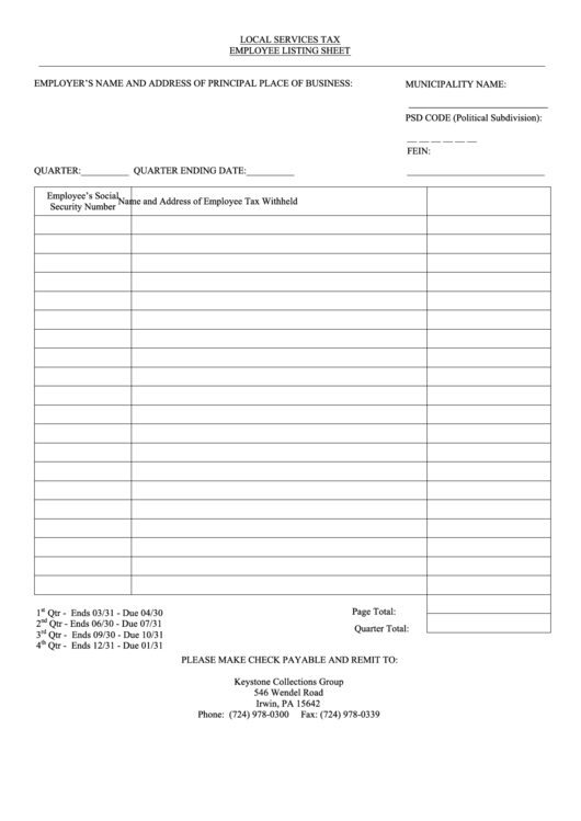 Fillable Local Services Tax Employee Listing Sheet Printable pdf