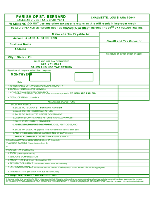 Sales And Use Tax Return - Parish Of St. Bernard Printable pdf
