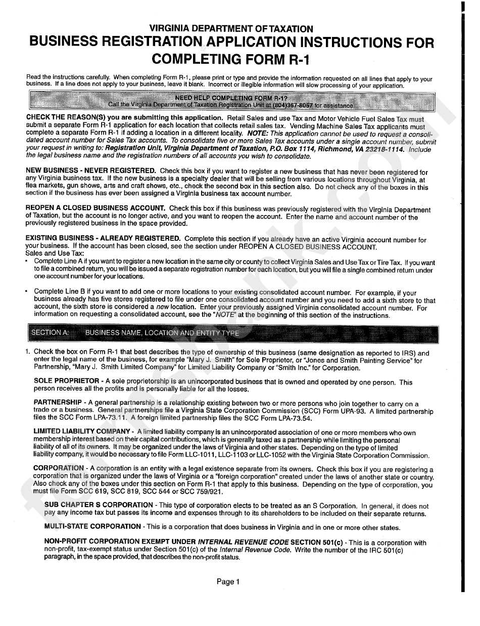 Bussines Registration Application Instructions For Completing Form R-1 - Virginia Department Of Taxation