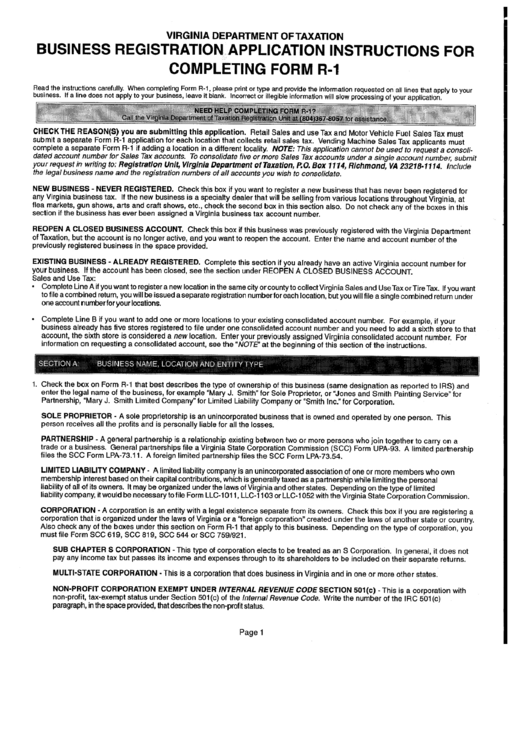 Bussines Registration Application Instructions For Completing Form R-1 - Virginia Department Of Taxation Printable pdf