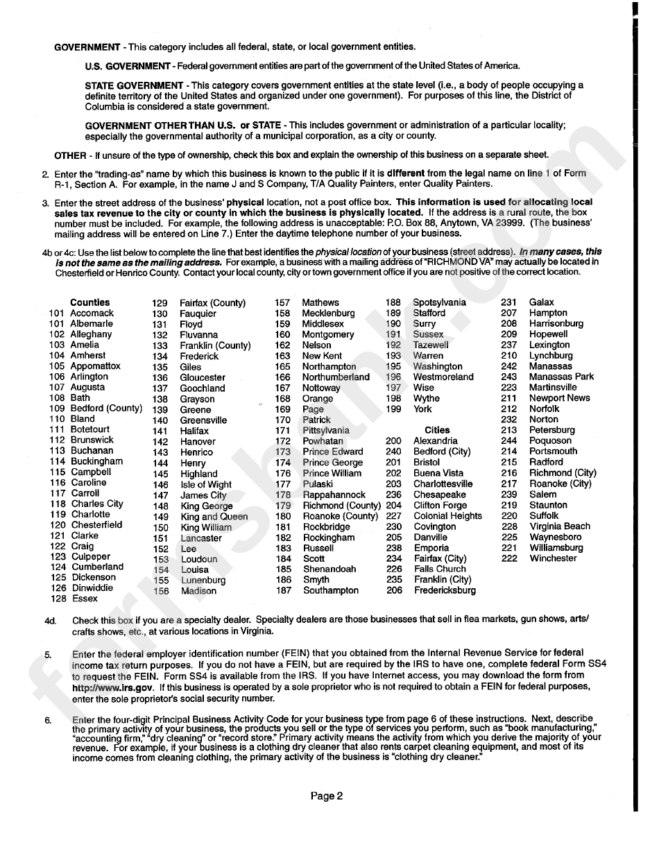 Bussines Registration Application Instructions For Completing Form R-1 - Virginia Department Of Taxation