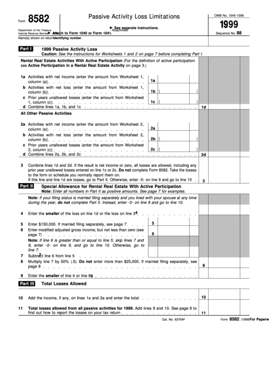 Fillable Form 8582 - Passive Activity Loss Limitations - 1999 Printable pdf