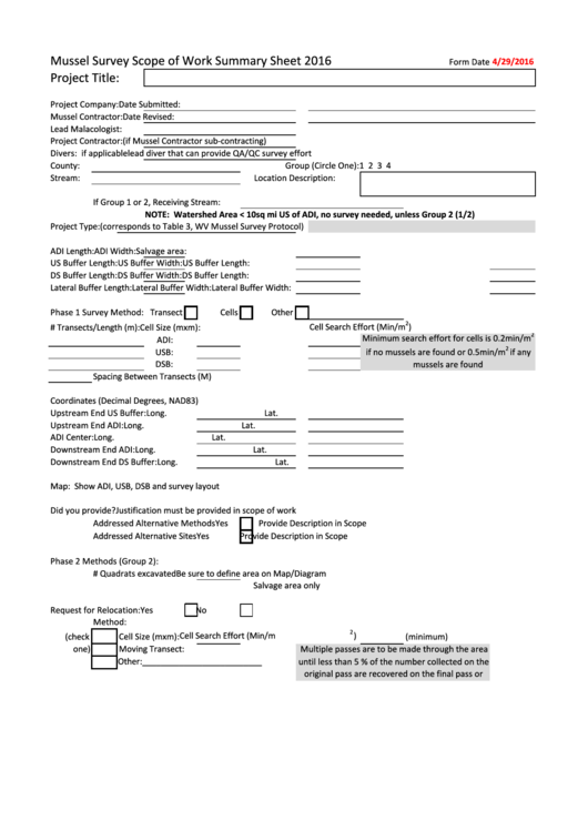 Mussel Survey Scope Of Work Summary Sheet - 2016 Printable pdf