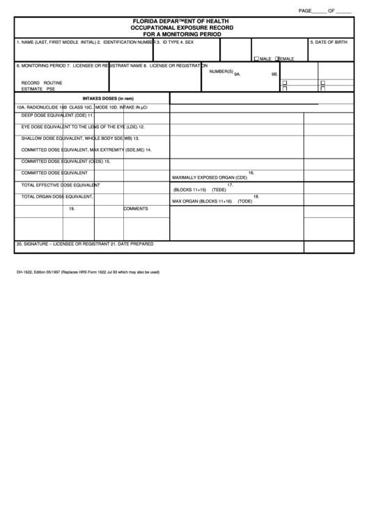 Form Dh-1622 - Occupational Exposure Record For A Monitoring Period - Florida Department Of Health Printable pdf