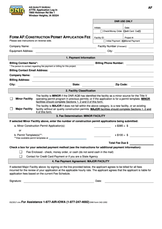 Form 542-1302 - Form Af: Construction Permit Application Fee