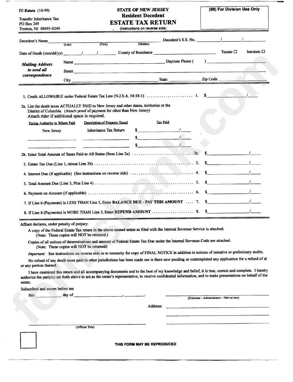 Form ItEstate Estate Tax Return State Of New Jersey printable pdf