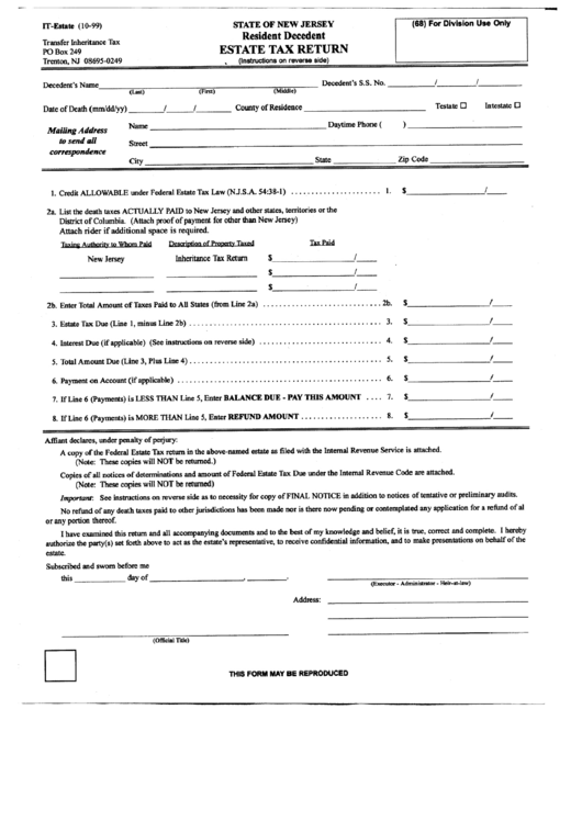 Form It-Estate - Estate Tax Return - State Of New Jersey Printable pdf