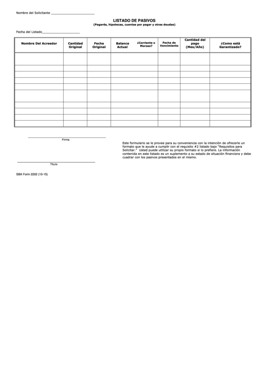 Form 2202 - Listado De Pasivos (Pagares, Hipotecas, Cuentas Por Pagar Y Otras Deudas) Printable pdf
