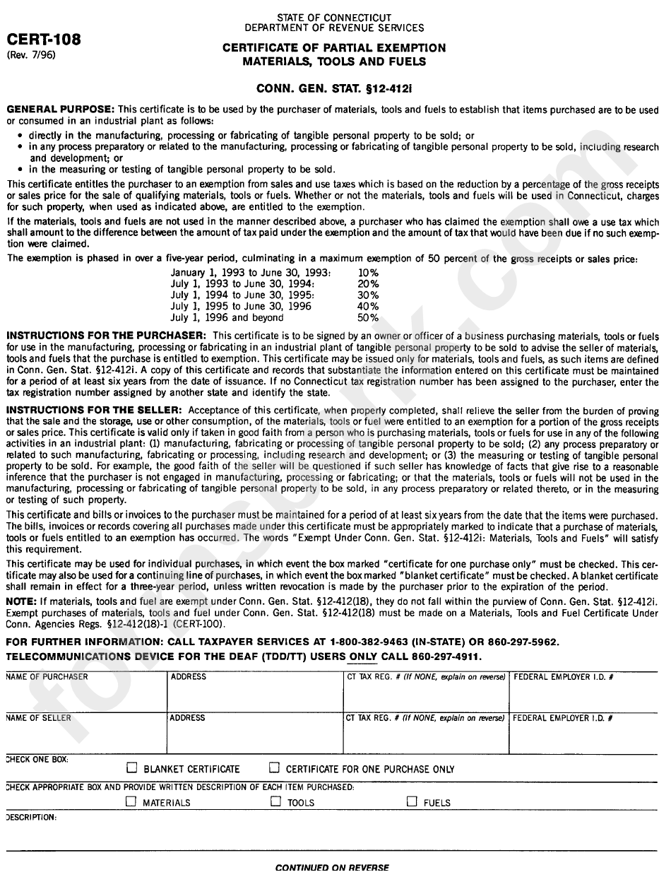 Form Cert-108 - Certificate Of Partial Exemption Materials, Tools And Fuels
