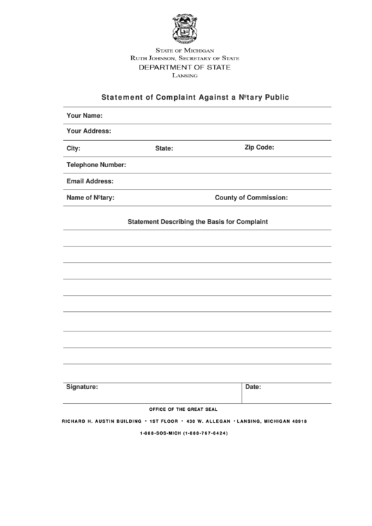 Statement Of Complaint Against A Notary Public - Michigan Secretary Of State Printable pdf