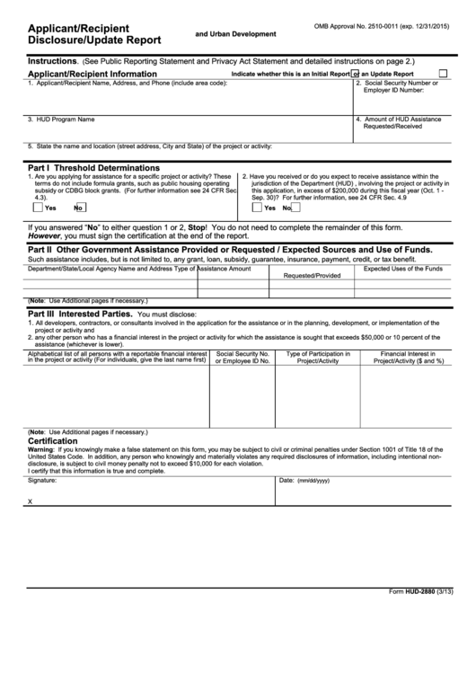 Fillable Form Hud-2880 - Applicant/recipient Disclosure/update Report Printable pdf