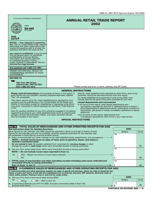 Form Sa-44s - Annual Retail Trade Report 2002 - U.s. Census Bureau Printable pdf