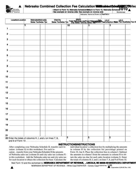 Fillable Form 10 - Nebraska Combined Collection Fee Calculation Worksheet Printable pdf