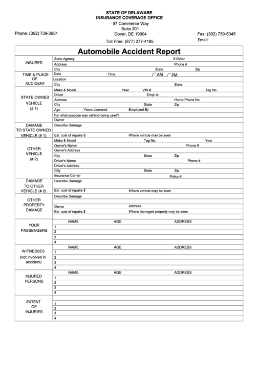 Fillable Automobile Accident Report Form - Insurance Coverage Office Printable pdf