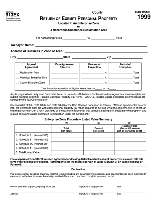 Fillable Tax Form 913ex - Return Of Exempt Personal Property - 1999 Printable pdf