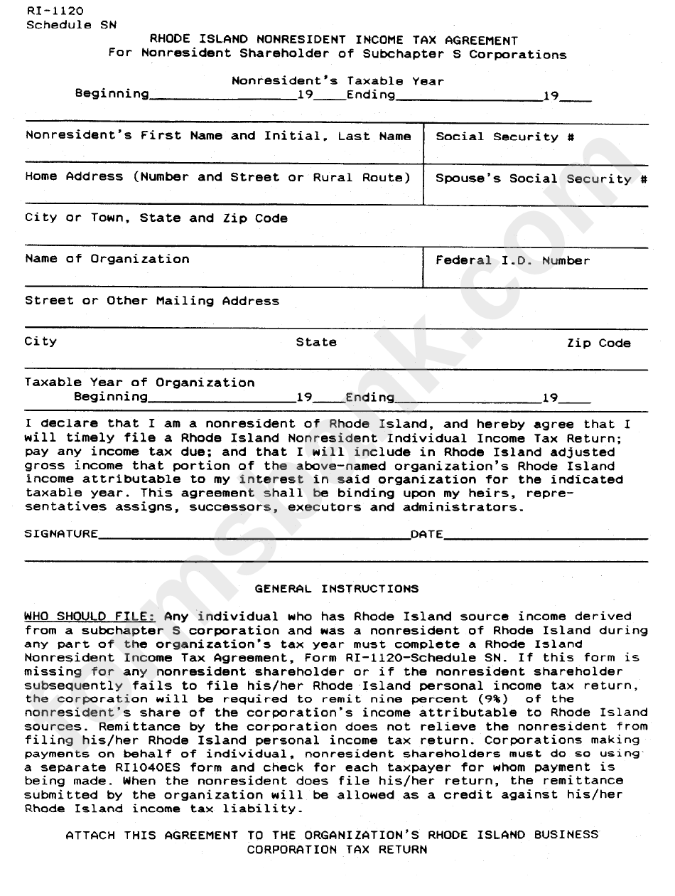 Form Ri-1120 - Schedule Sn - Rhode Island Nonresident Income Tax Agreement For Nonresident Shareholder Of Subchapter S Corporations