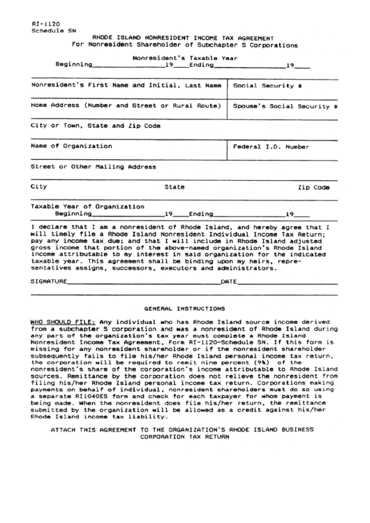 Fillable Form Ri-1120 - Schedule Sn - Rhode Island Nonresident Income Tax Agreement For Nonresident Shareholder Of Subchapter S Corporations Printable pdf