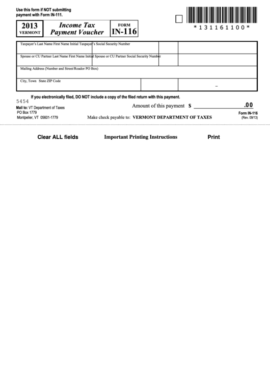 Fillable Form In-116 - Income Tax Payment Voucher - 2013 Printable pdf