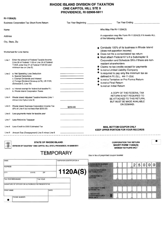 Form Ri-1120a(S) - Business Corporation Tax Short Form Return Printable pdf