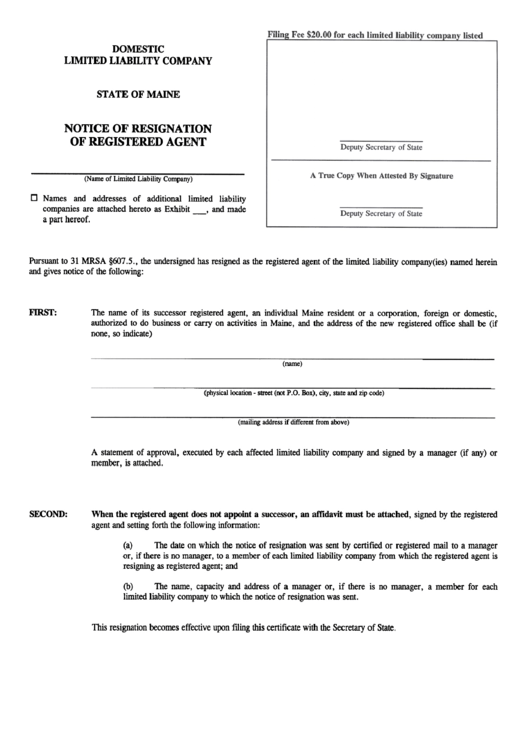 Form Mllc-3a - Notice Of Resignation Of Registered Agent Printable pdf