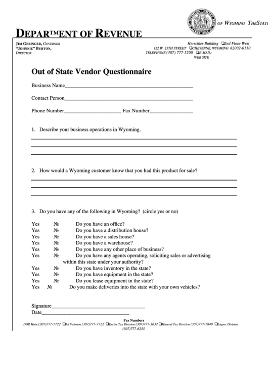 Out Of State Vendor Questionnaire - Cheyenne, Wyoming Printable pdf