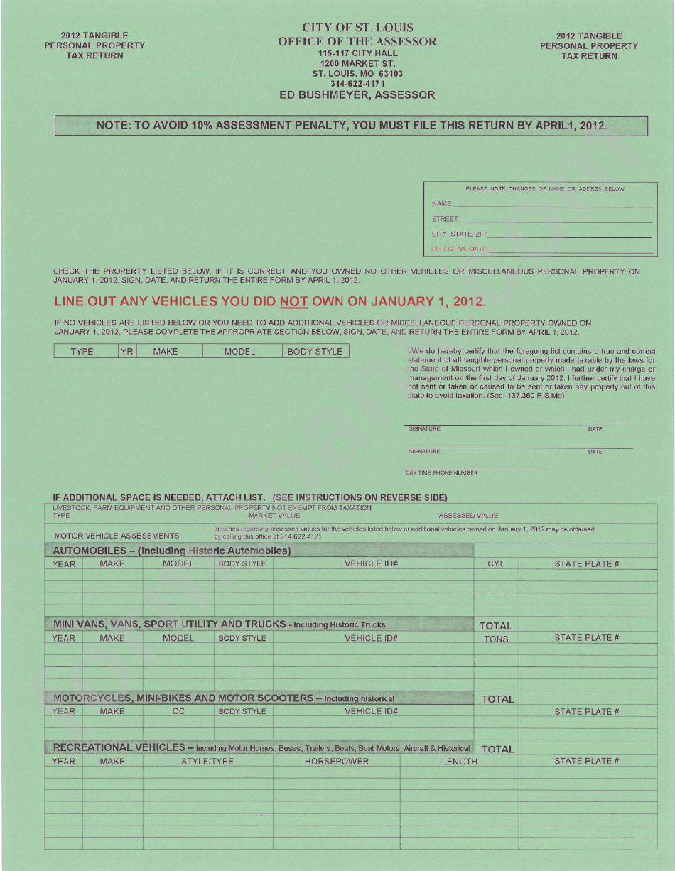 Personal Property Tax Return - City Of St. Louis - 2012