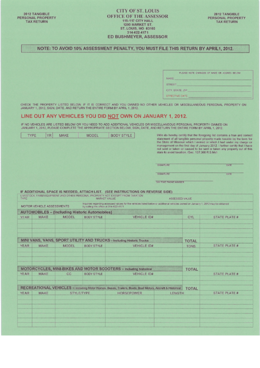 Personal Property Tax Return - City Of St. Louis - 2012 Printable pdf