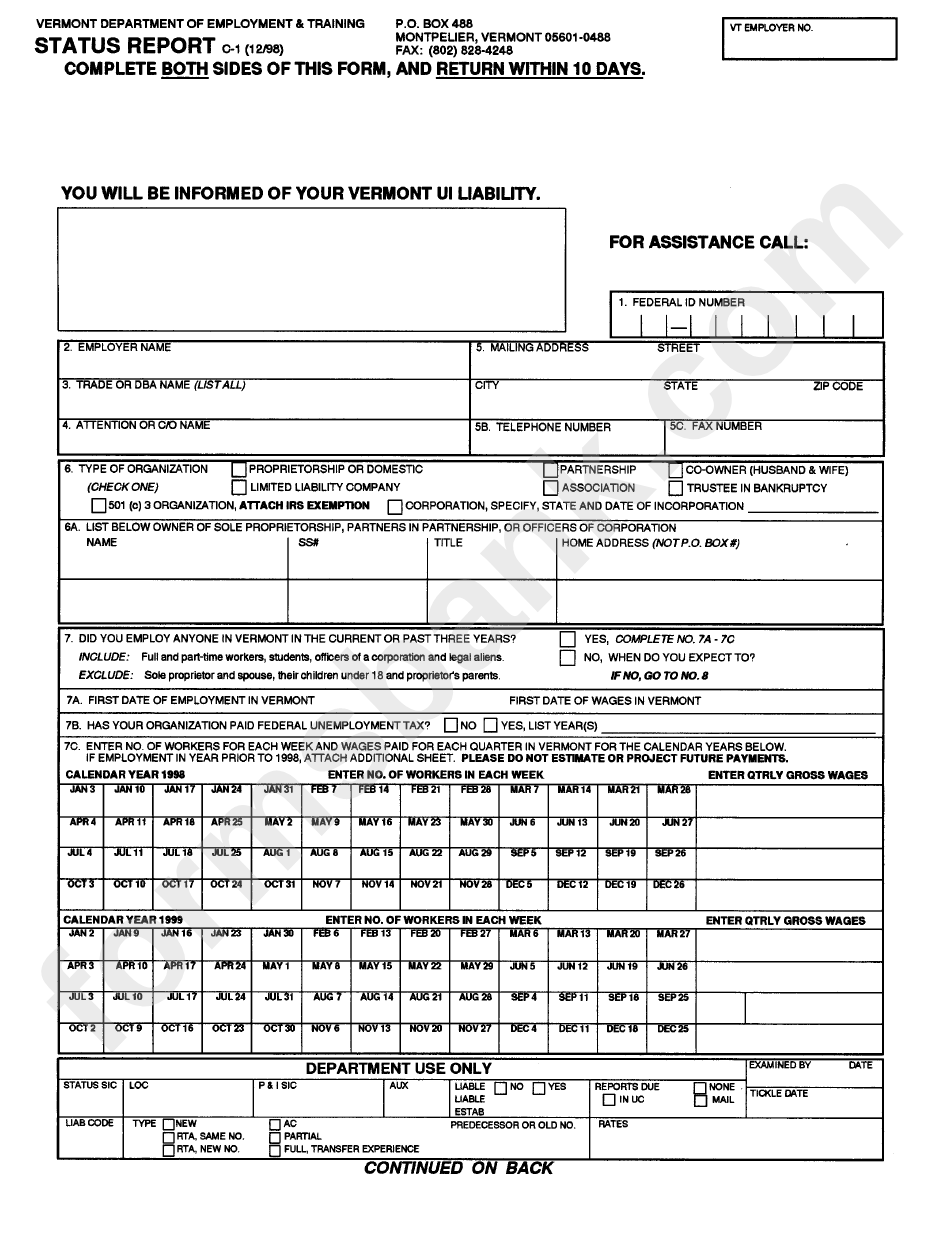 Form C-1 - Status Report - Vermont Department Of Employment & Training