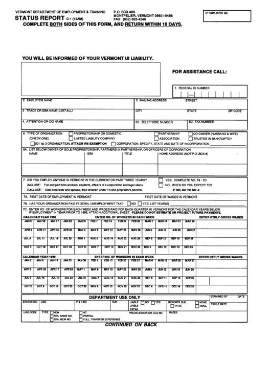 Form C-1 - Status Report - Vermont Department Of Employment & Training Printable pdf