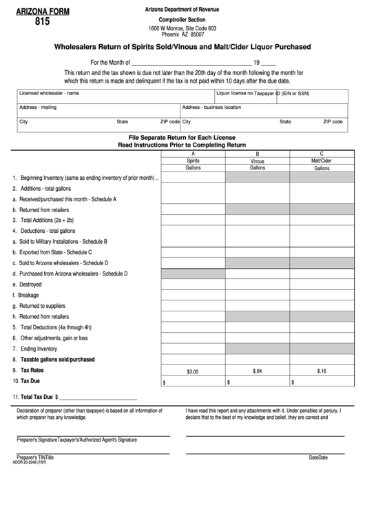 Arizona Form 815 - Wholesalers Return Of Spirits Sold/vinous And Malt/cider Liquor Purchased - 1997 Printable pdf