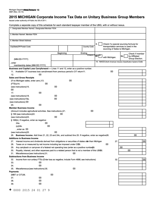 Form 4897 - Michigan Corporate Income Tax Data On Unitary Business Group Members - 2015 Printable pdf