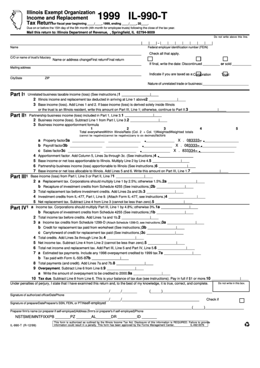 Form Il-990-T - Illinois Exempt Organization Income And Replacement Tax Return - 1999 Printable pdf