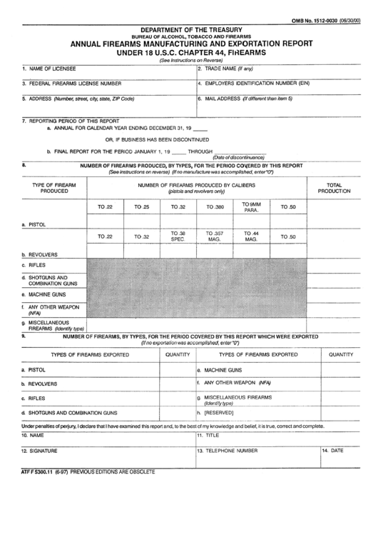 Form Atf F 5300.11 - Annual Firearms Manufacturing And Exportation Report Under 18 U.s.c. Chapter 44, Firearms Printable pdf