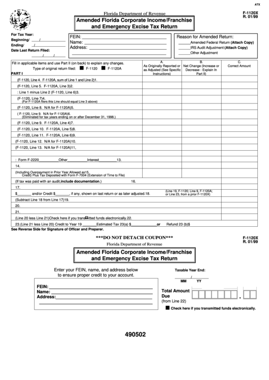 Fillable Form F-1120x - Amended Florida Corporate Income/franchise And Emergency Excise Tax Return 1999 Printable pdf