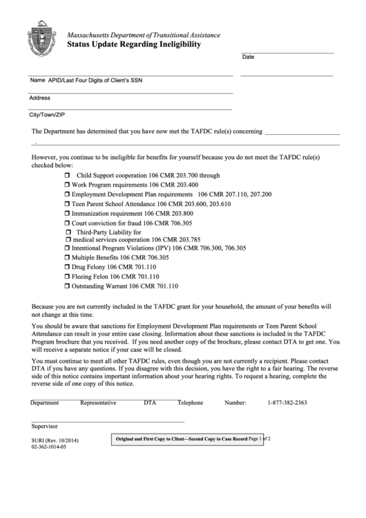 Form 02-362-1014-05 - Status Update Regarding Ineligibility 2014 Printable pdf