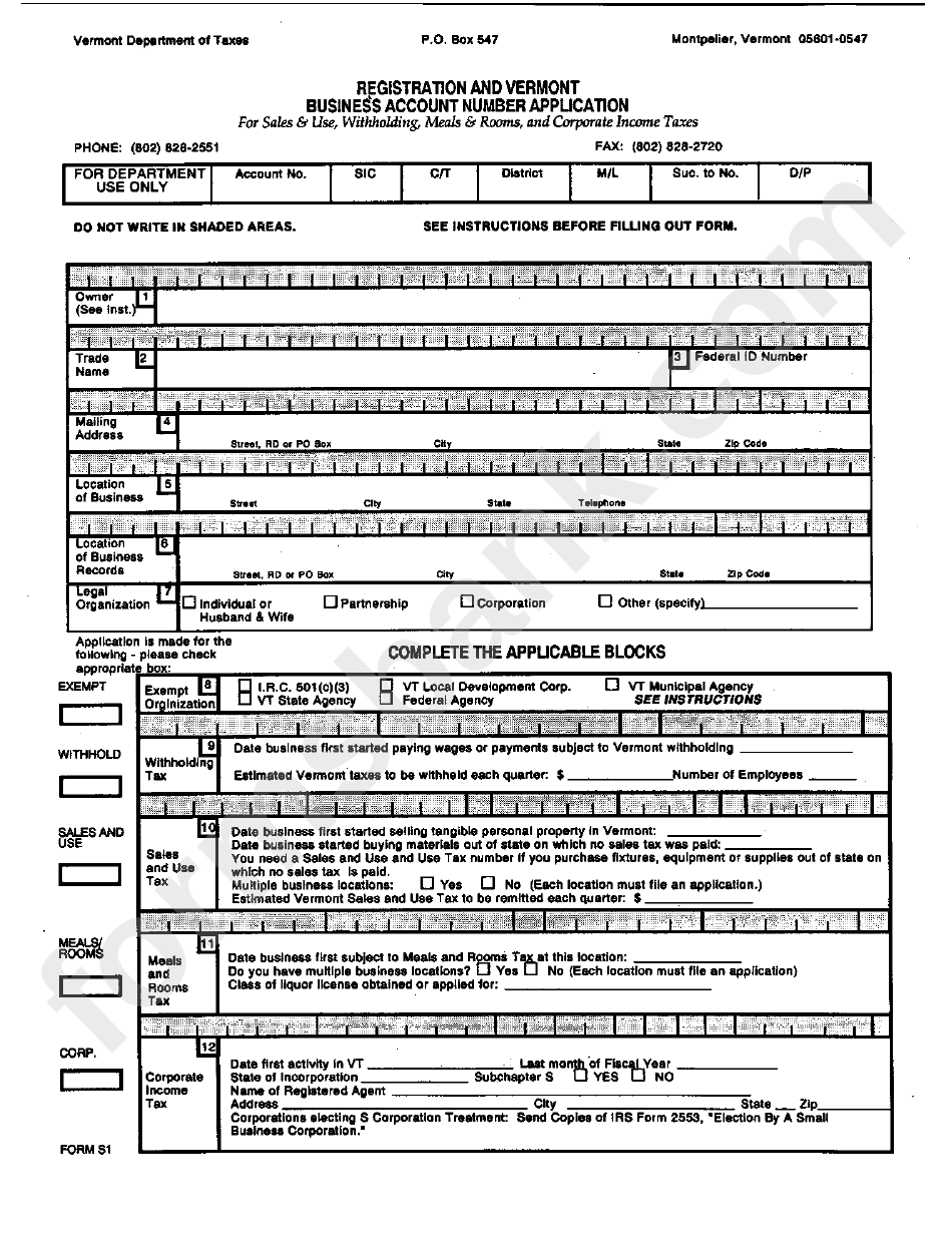 Form S1 - Registration And Vermont Business Account Number Application - 1991