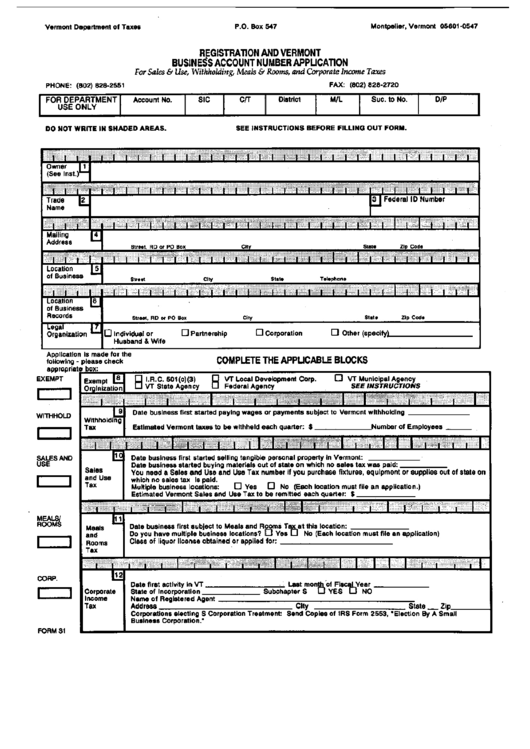 Form S1 - Registration And Vermont Business Account Number Application - 1991 Printable pdf
